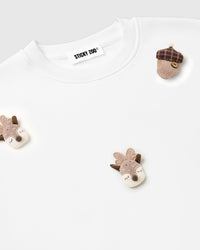 Back view of STICKYZOO Reindeer and Acorn Sweatshirt in white showing clean proportions