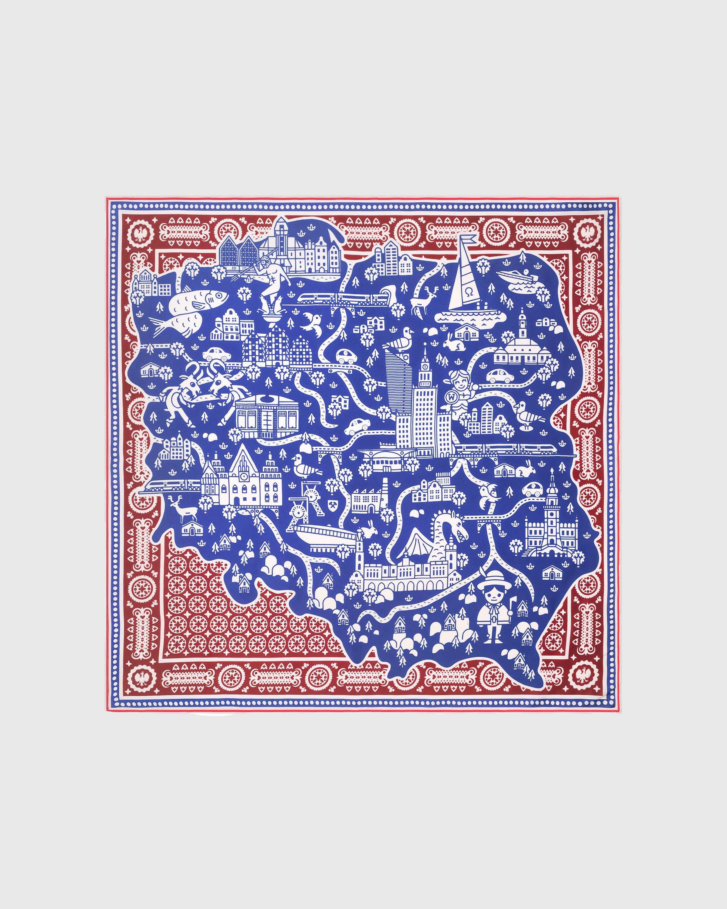 Storybook map silk scarf with hand-illustrated villages and burgundy bandana border on cobalt by STICKYZOO