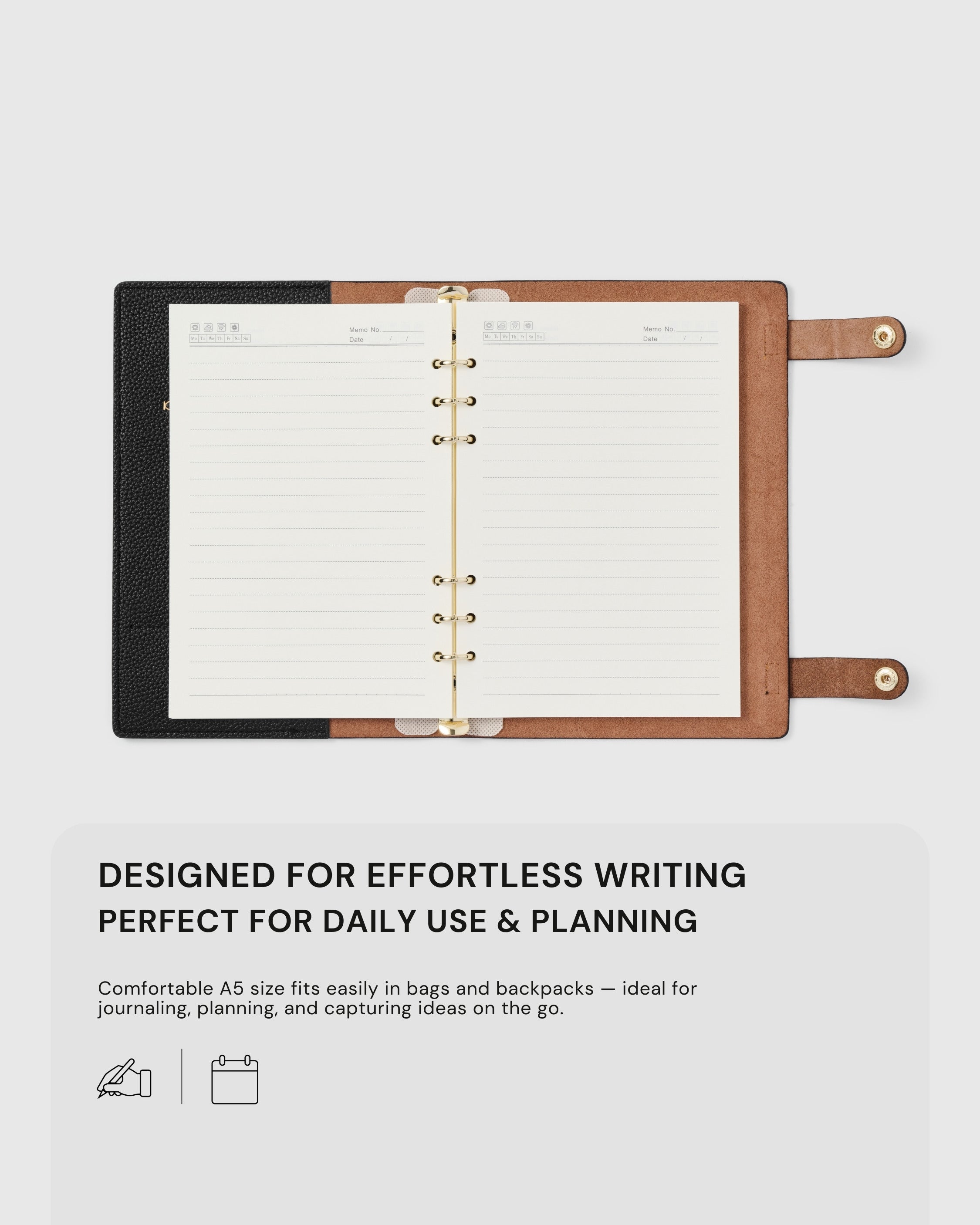 {{Built for daily journaling}} STICKYZOO A5 notebook open flat showing lined pages, designed for effortless writing, planning, and daily use