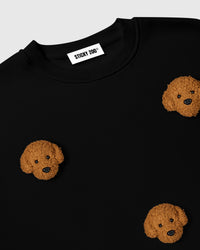 Back view of STICKYZOO Poodle Parade Sweatshirt in black showing clean seams and oversized proportions