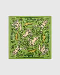 Wildwood grove silk scarf with hand-illustrated woodland creatures on a meadow-green field by STICKYZOO