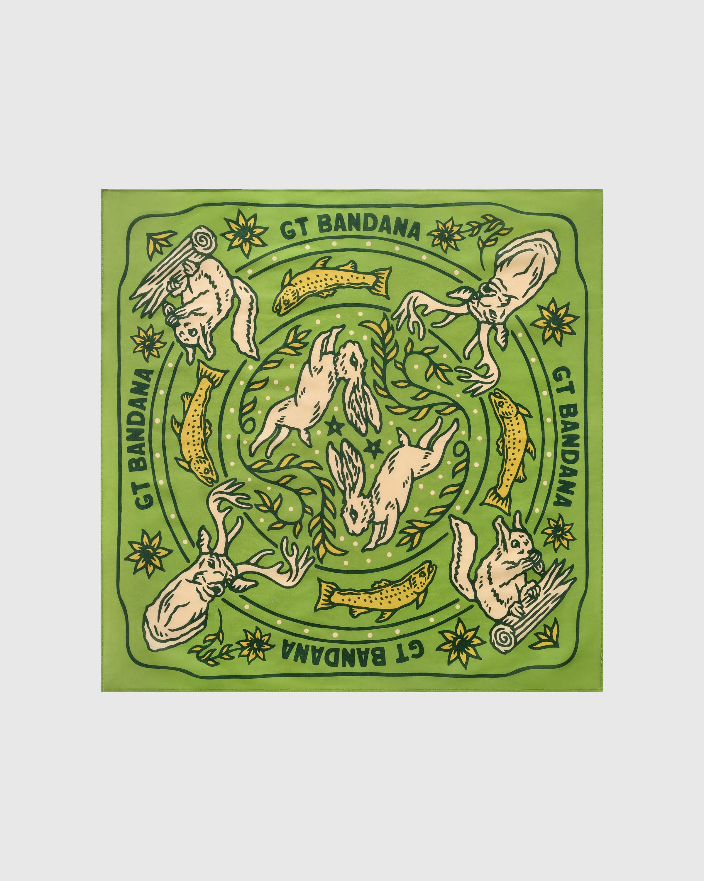 Wildwood grove silk scarf with hand-illustrated woodland creatures on a meadow-green field by STICKYZOO