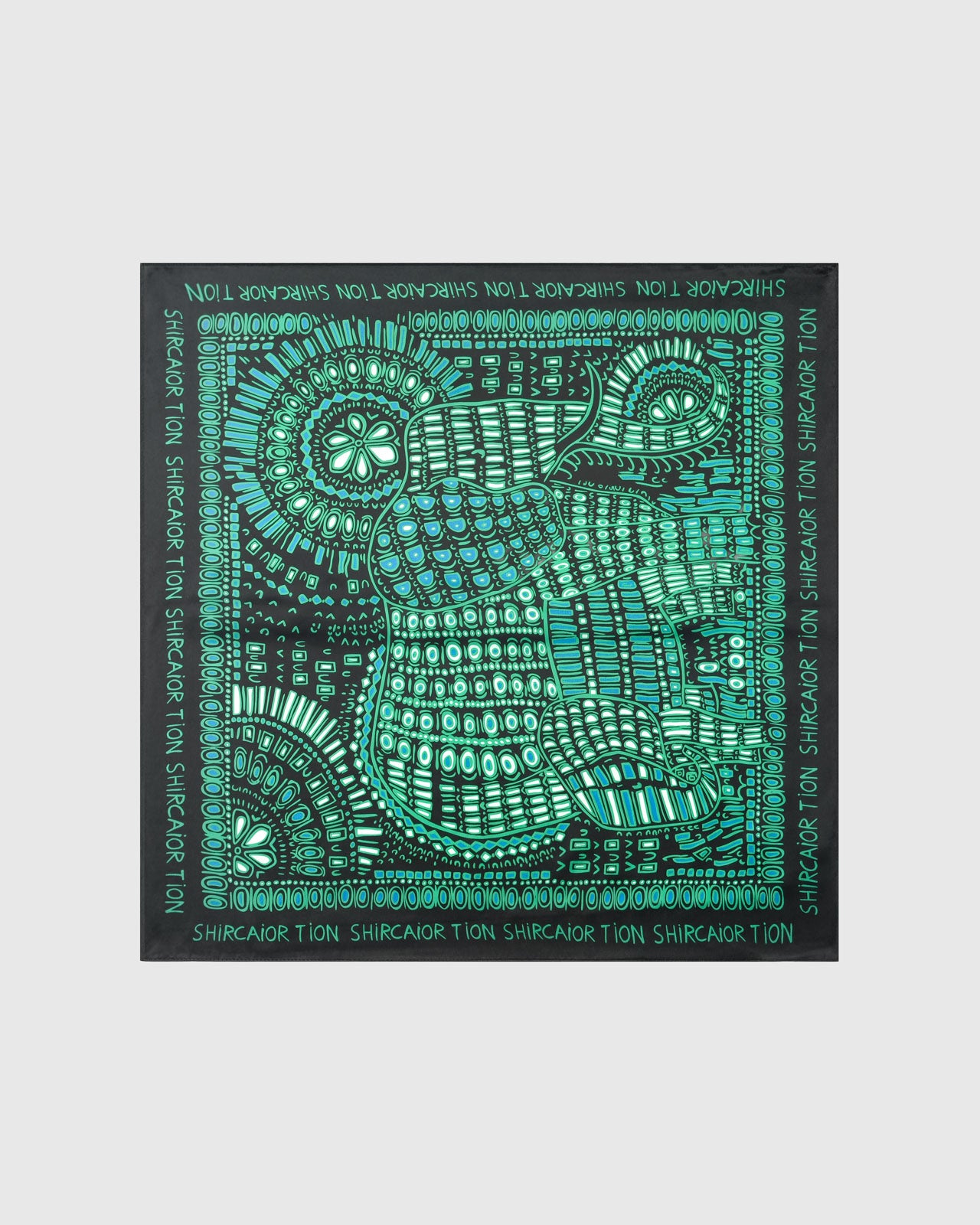 Emerald dotwork silk scarf with hand-illustrated green and jade pattern on a deep black field by STICKYZOO
