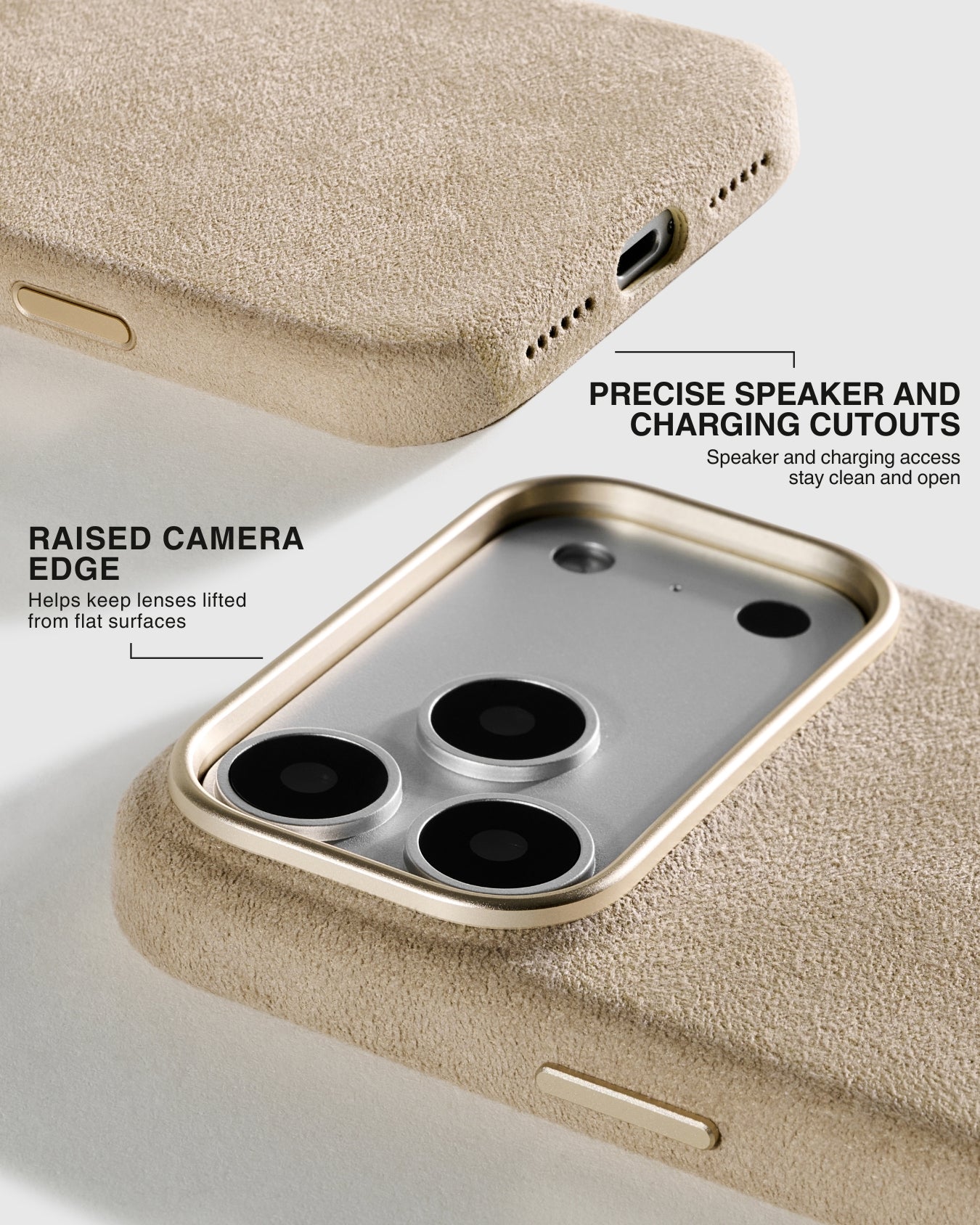 Close-up of speaker cutouts and gold camera frame detail on sand suede phone case