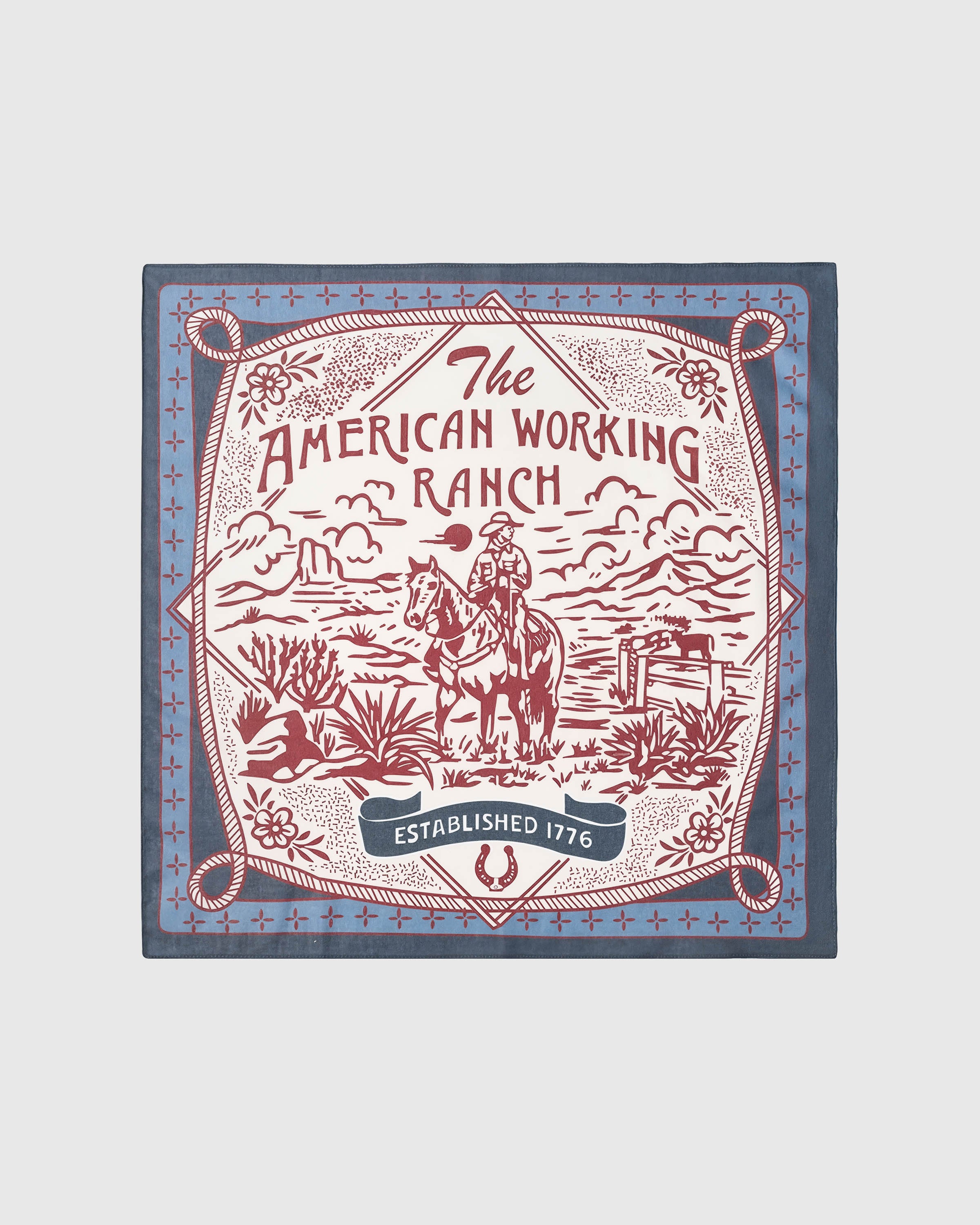 Western ranch silk scarf with hand-illustrated cowboy and rope frame on cream by STICKYZOO