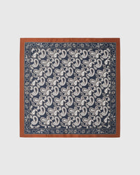 Midnight paisley silk scarf with hand-illustrated paisley print and cognac border by STICKYZOO