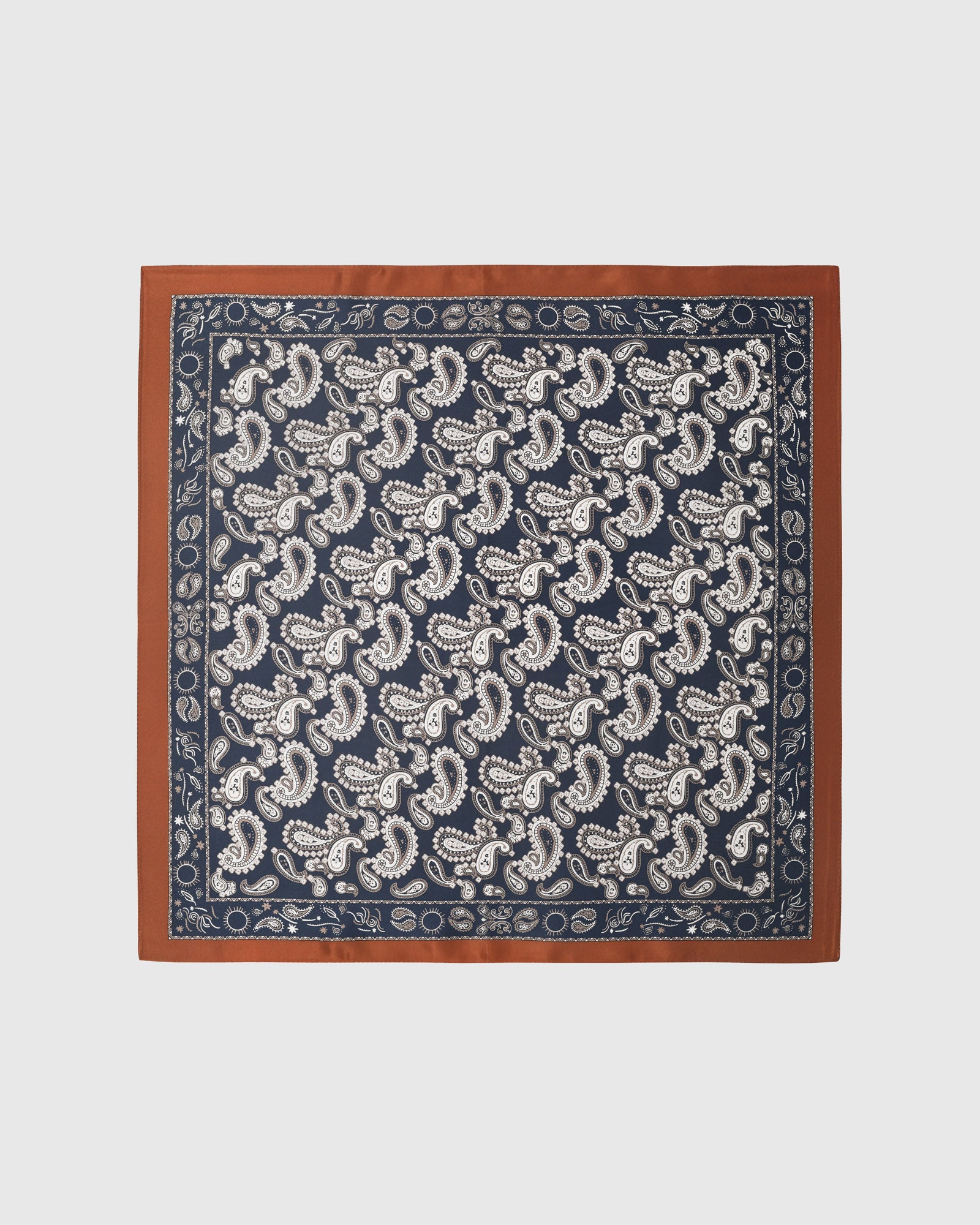 Midnight paisley silk scarf with hand-illustrated paisley print and cognac border by STICKYZOO