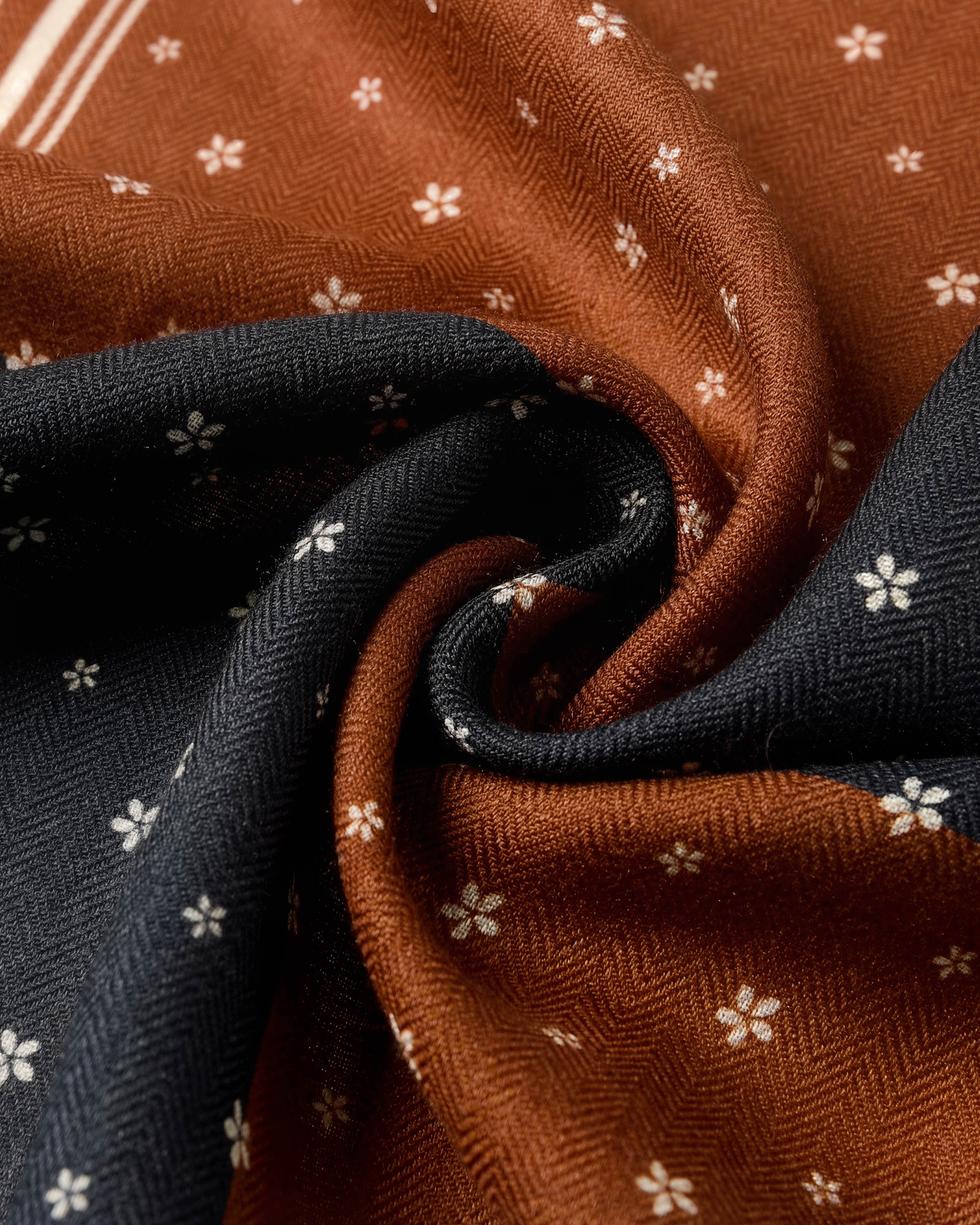 Close-up of the hand-illustrated star-floral motif printed in archival inks on pure silk