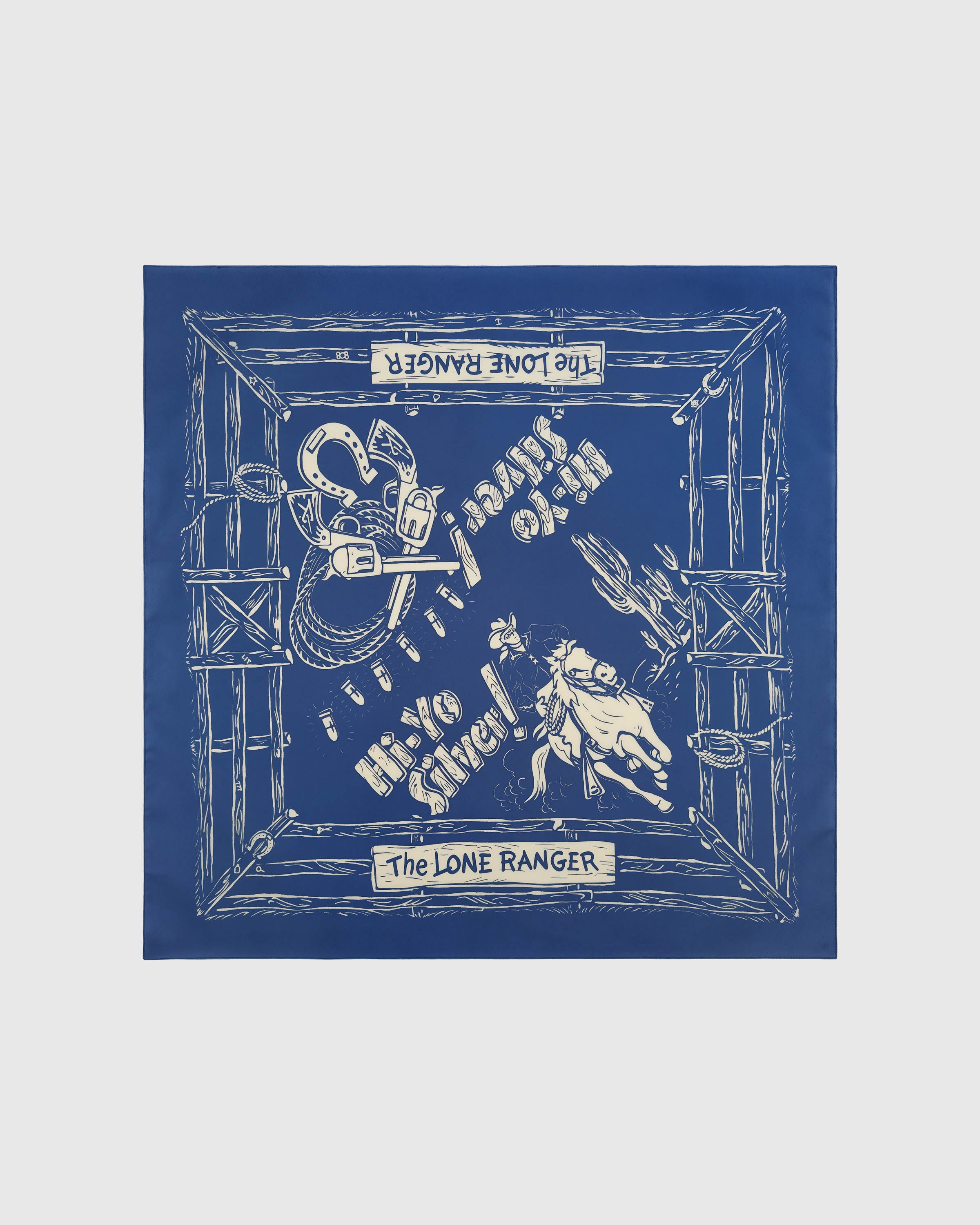 Silver gallop silk scarf with hand-illustrated cowboy and corral frame on cobalt blue by STICKYZOO