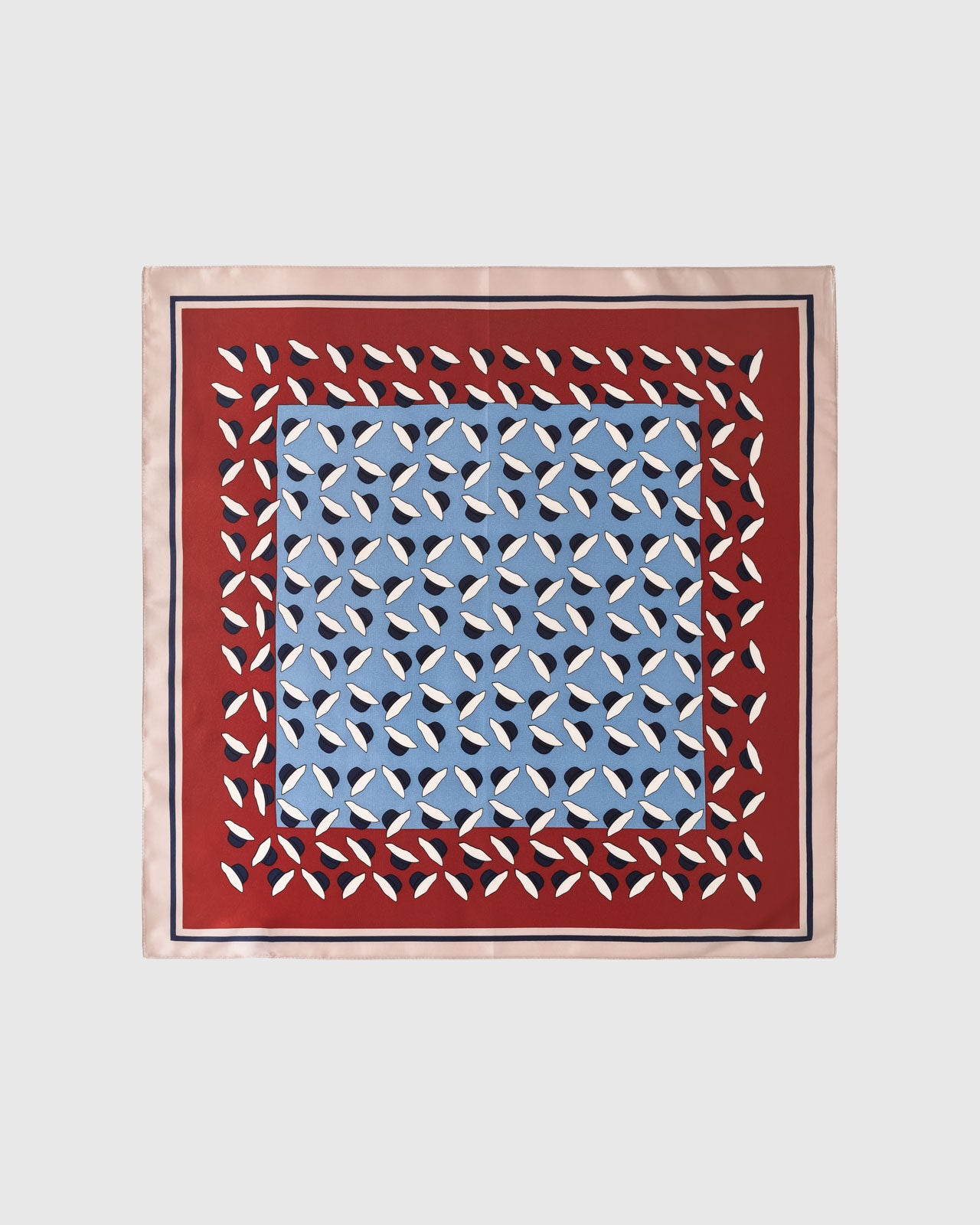 Azure petal silk scarf with geometric navy and ivory print on sky blue and a rust-red border by STICKYZOO