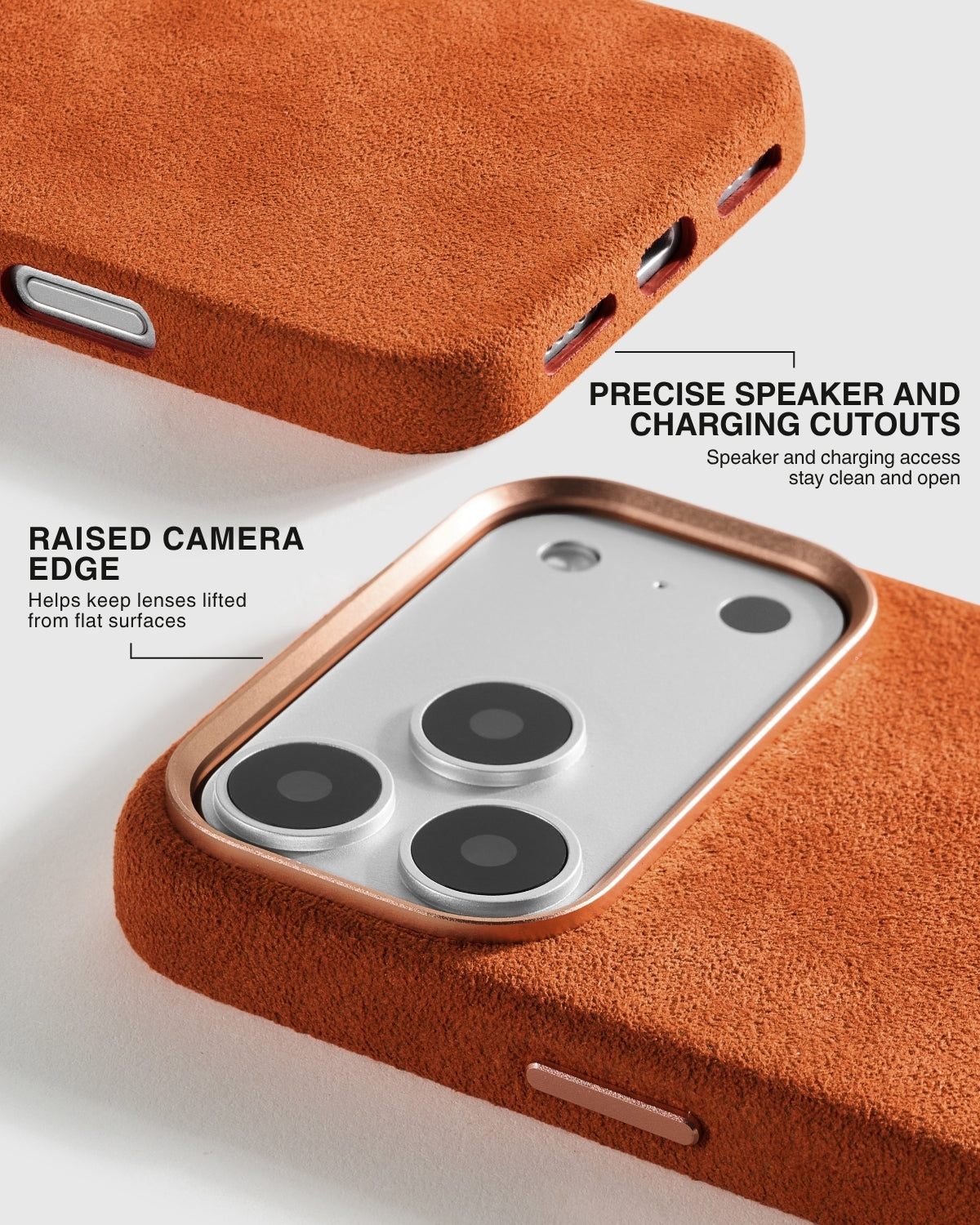 Close-up of speaker and charging cutouts with raised camera edge on STICKYZOO Ember Alcantara case