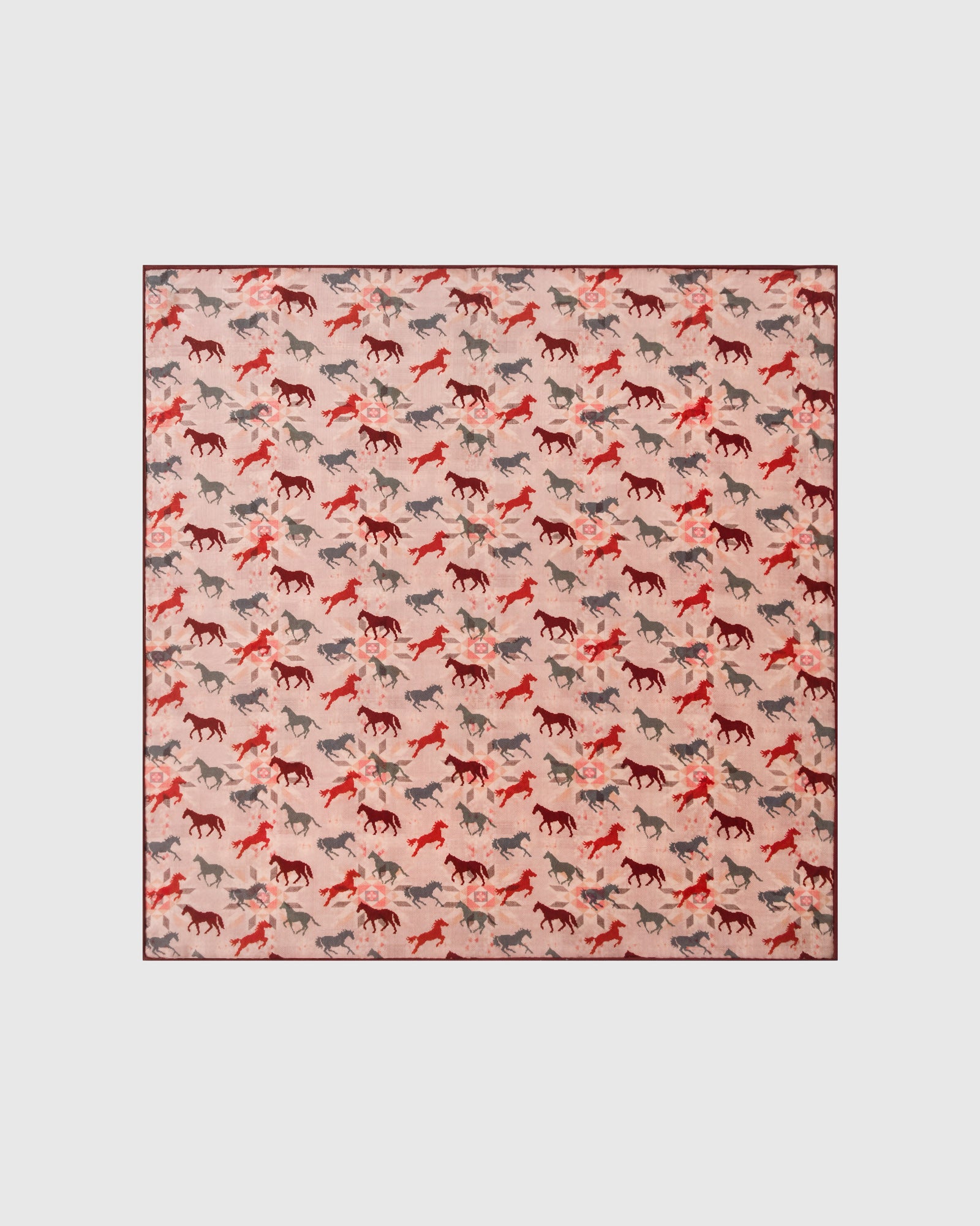 Galloping horses silk scarf with hand-illustrated equestrian print and burgundy border by STICKYZOO