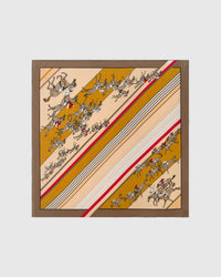 Derby gallop silk scarf with hand-illustrated racehorses across mustard and sand stripes by STICKYZOO