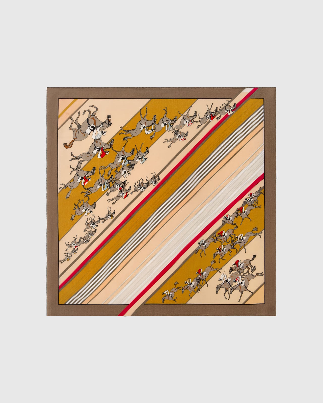Derby gallop silk scarf with hand-illustrated racehorses across mustard and sand stripes by STICKYZOO