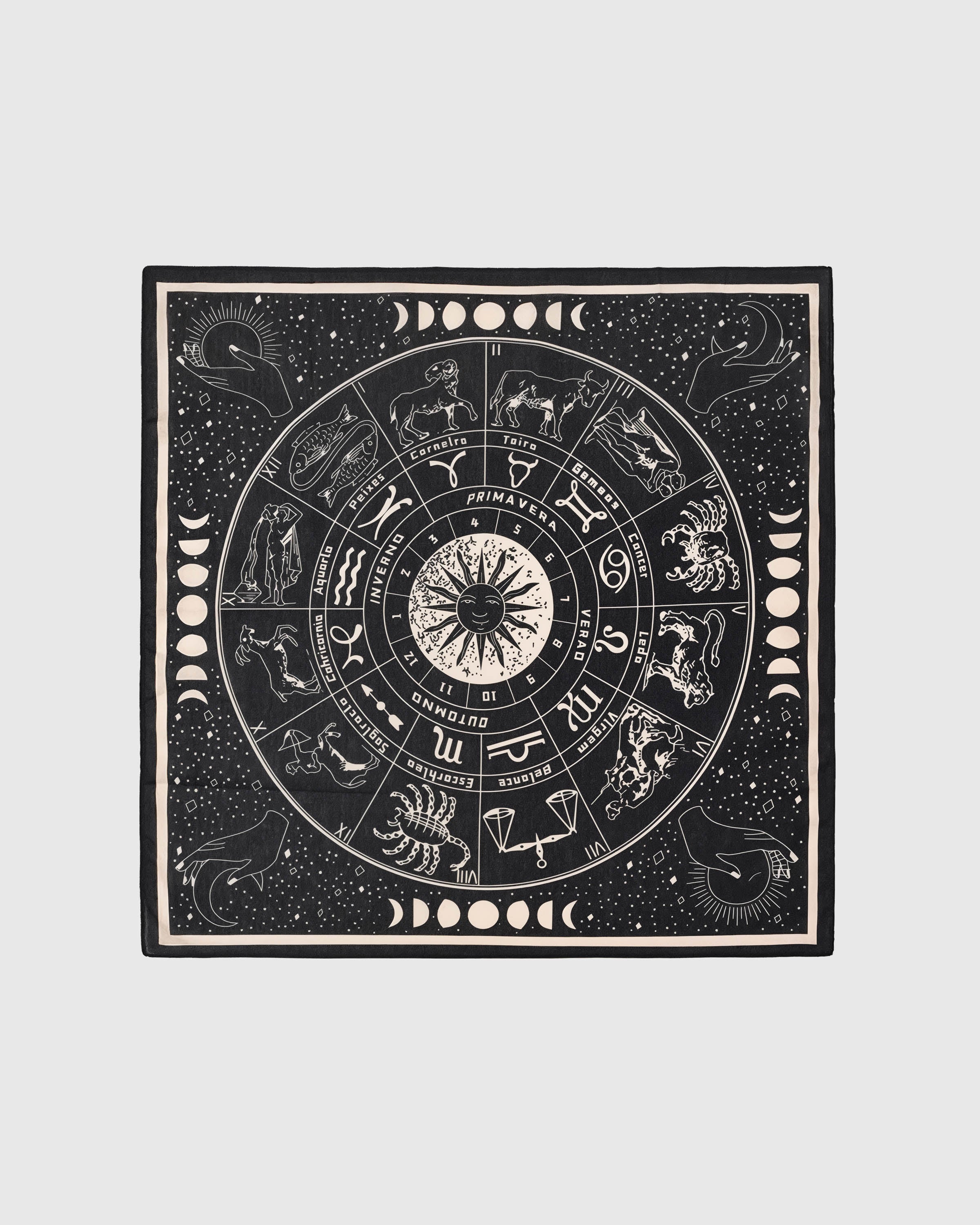 Zodiac wheel silk scarf with hand-illustrated twelve-sign print in ivory on a midnight field by STICKYZOO