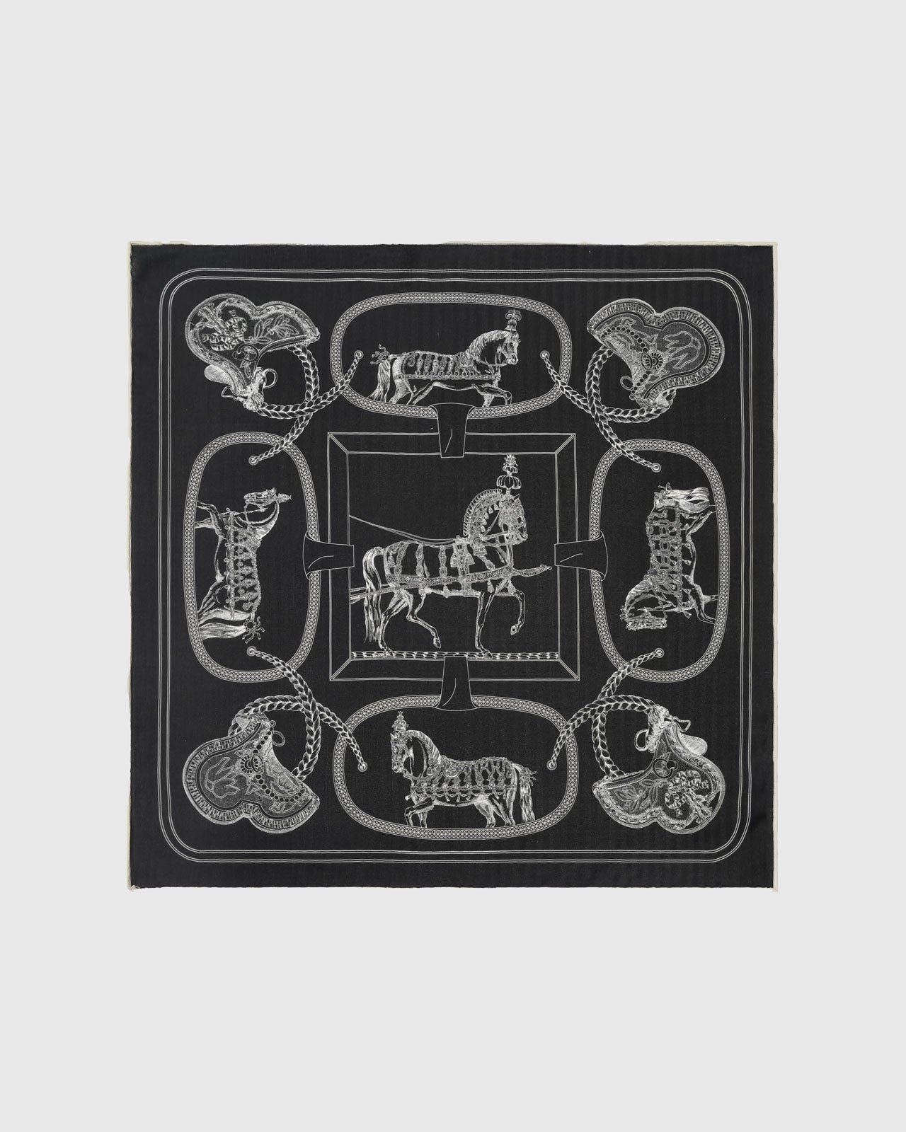 Noir engraving silk scarf folded to show the deep black field and ivory engraved line work by STICKYZOO