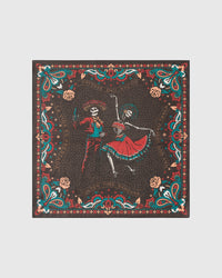 Calavera dance silk scarf with hand-illustrated dancing skeleton couple on a charcoal field by STICKYZOO