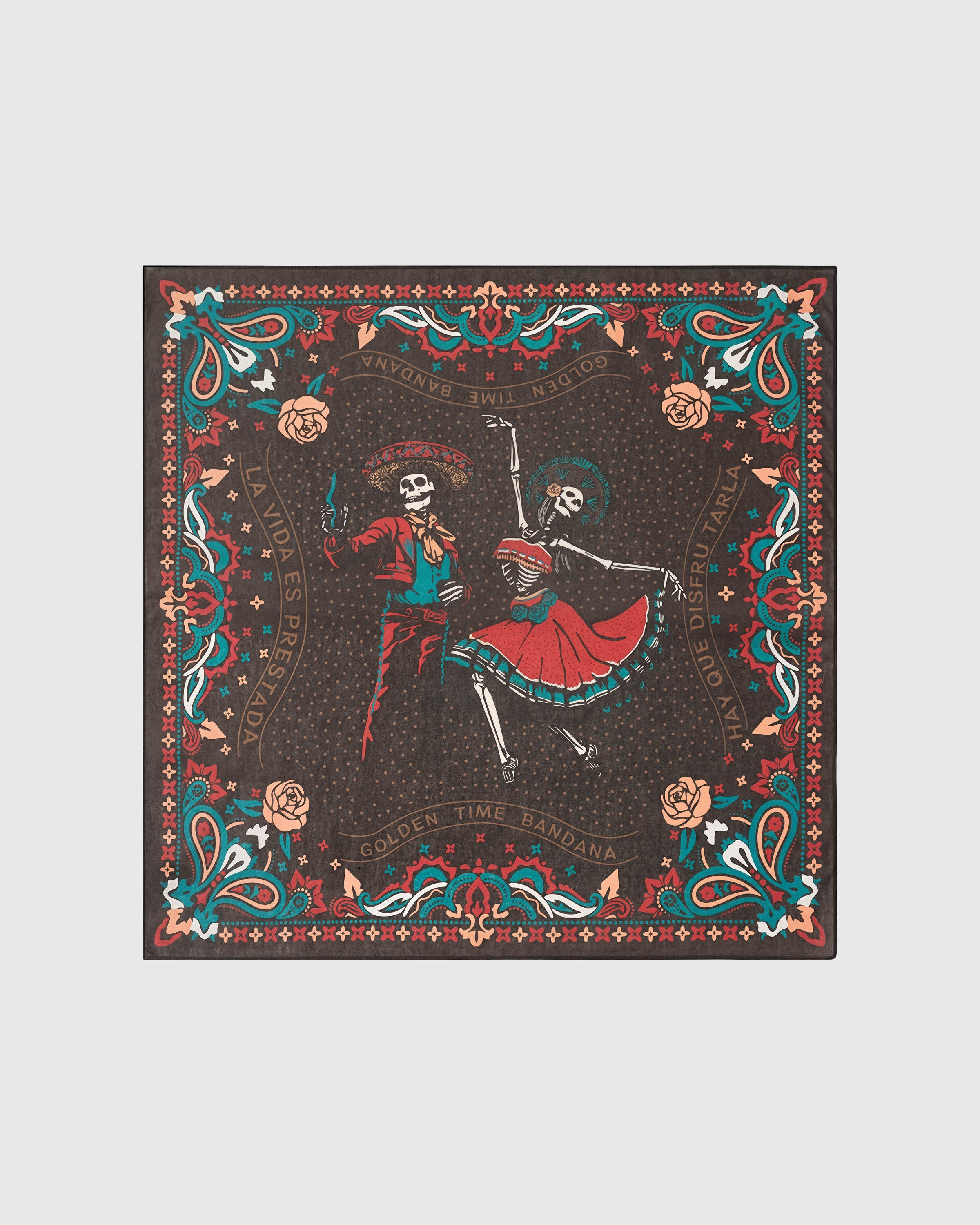 Calavera dance silk scarf with hand-illustrated dancing skeleton couple on a charcoal field by STICKYZOO