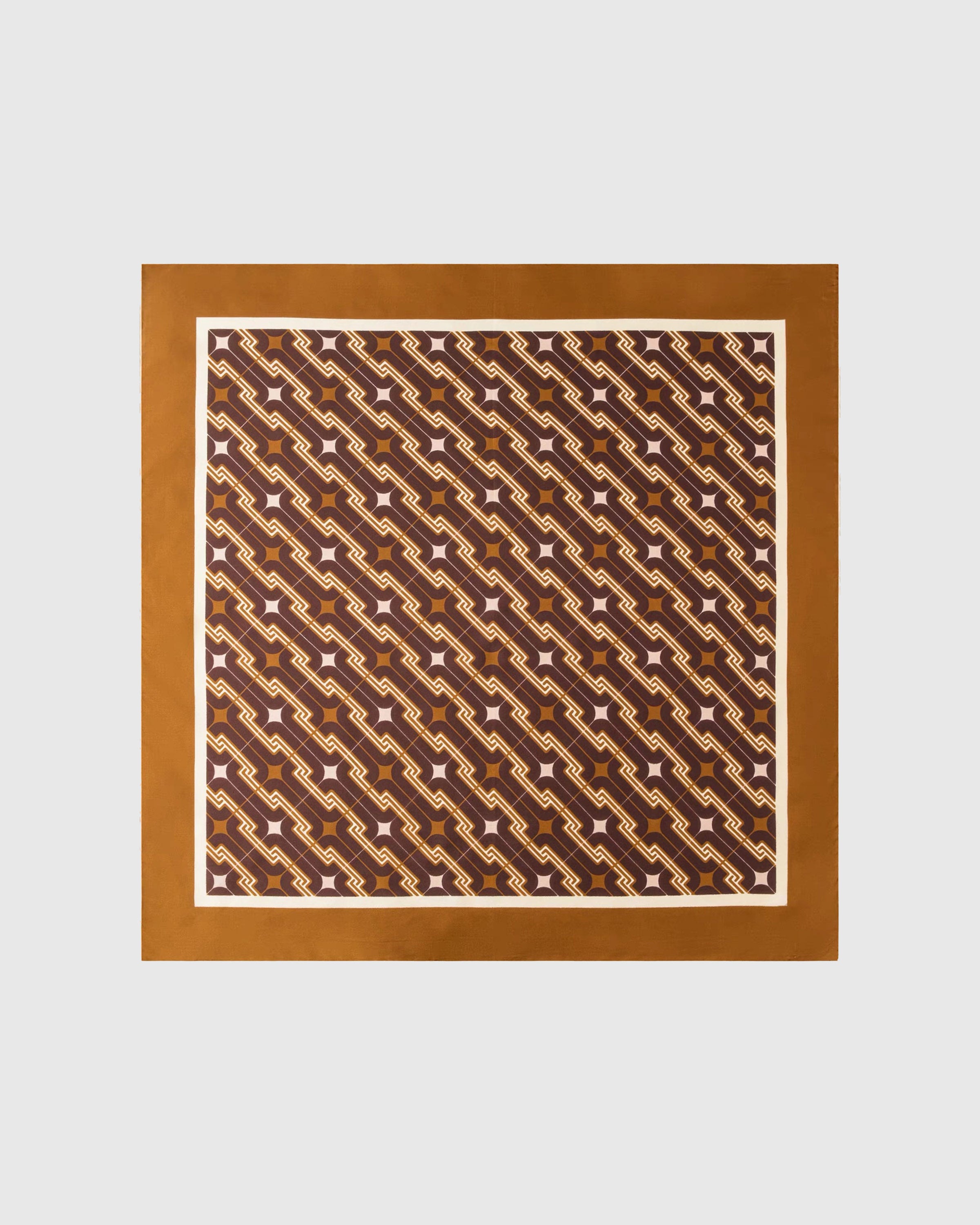 Tobacco deco silk scarf with hand-illustrated deco chain print and tobacco border by STICKYZOO