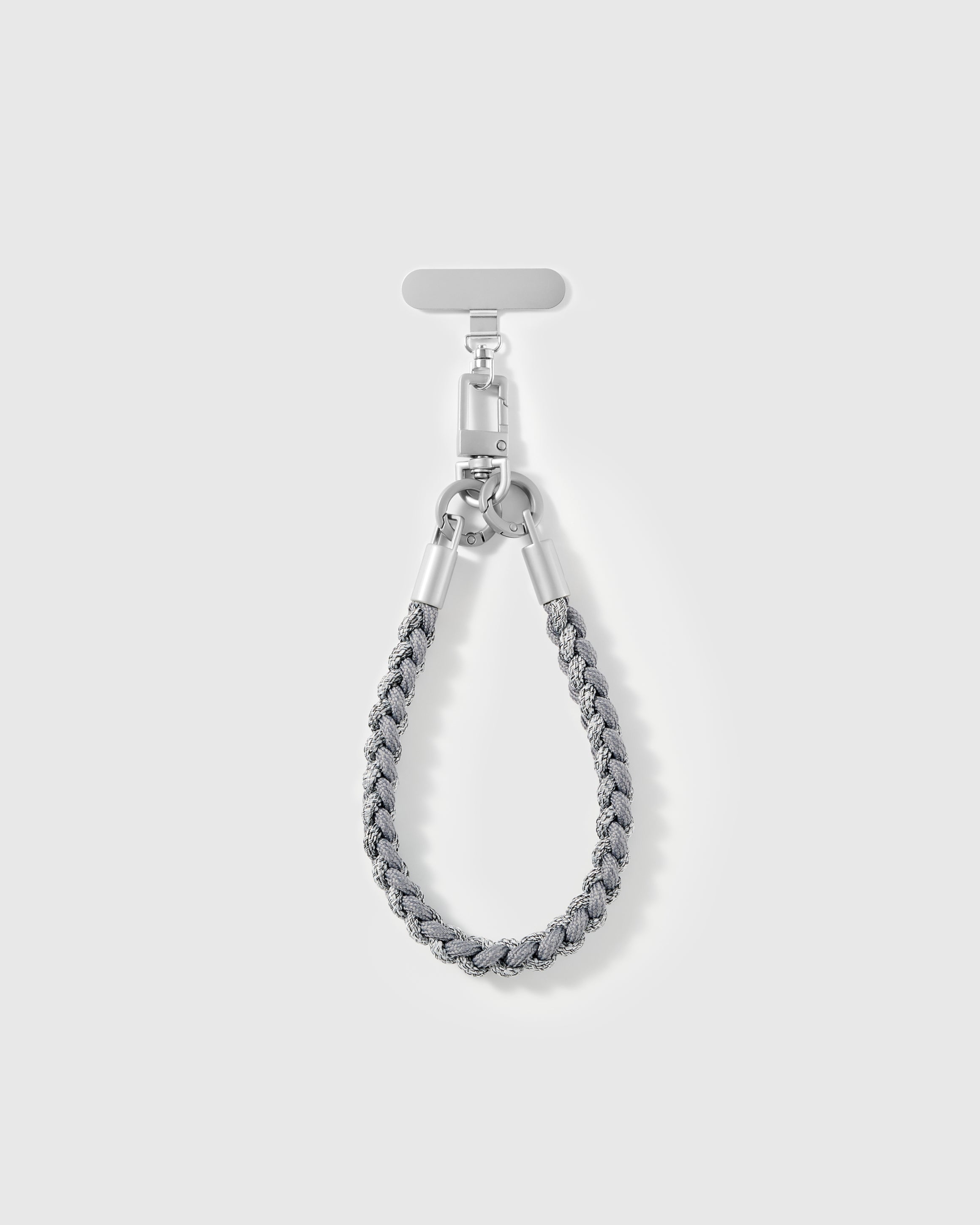 Pewter strap looped short as a wrist strap, showing the grey braided cord and silver-tone hardware