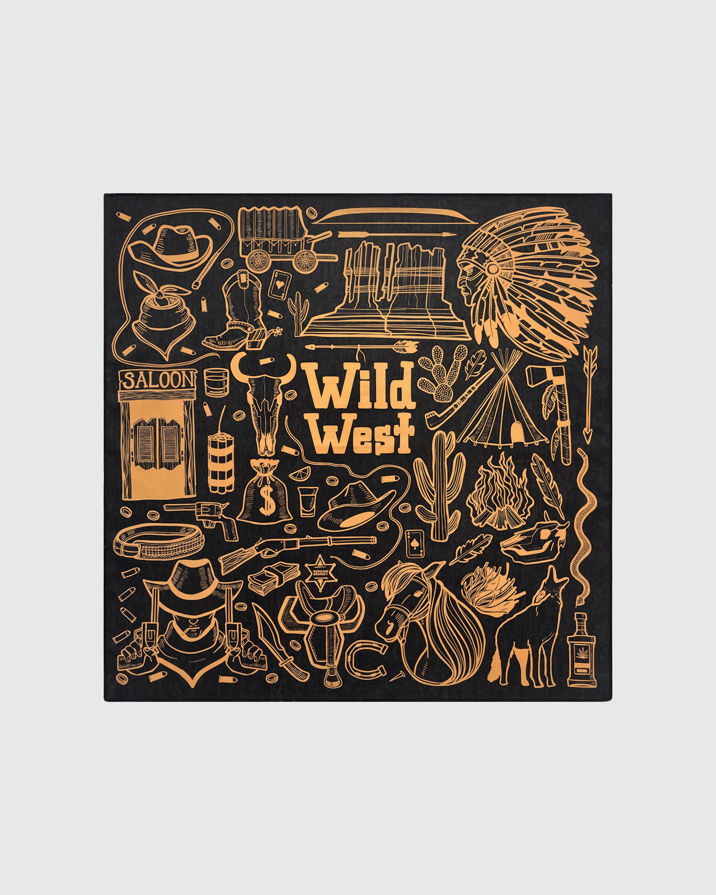 Midnight frontier silk scarf with hand-illustrated western motifs in copper on a black field by STICKYZOO