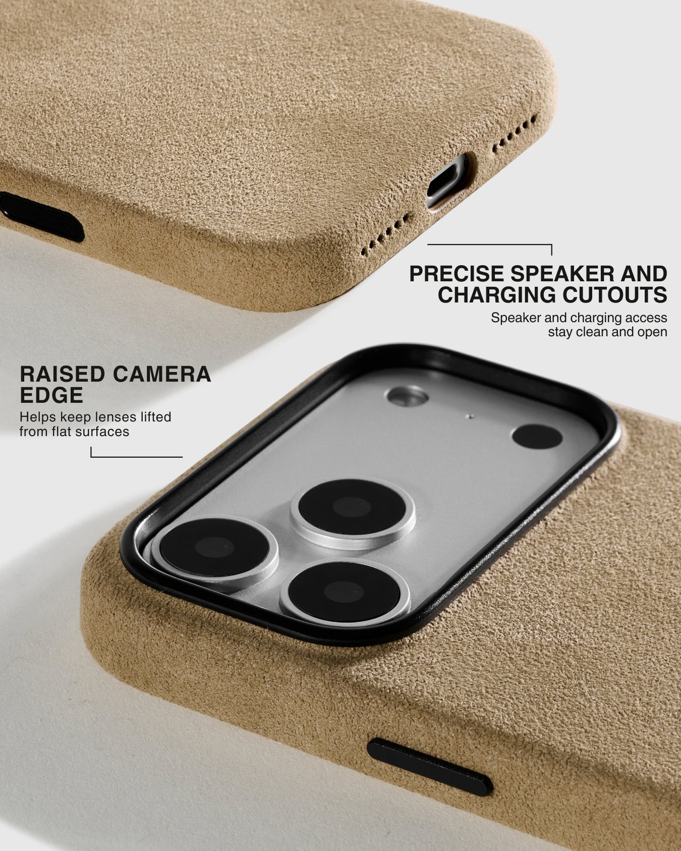 Close-up of speaker cutouts, charging port, and raised camera edge detail on warm camel suede phone case