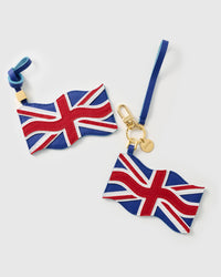 Handmade Union Jack leather charm on cream bag — waving British flag by STICKYZOO