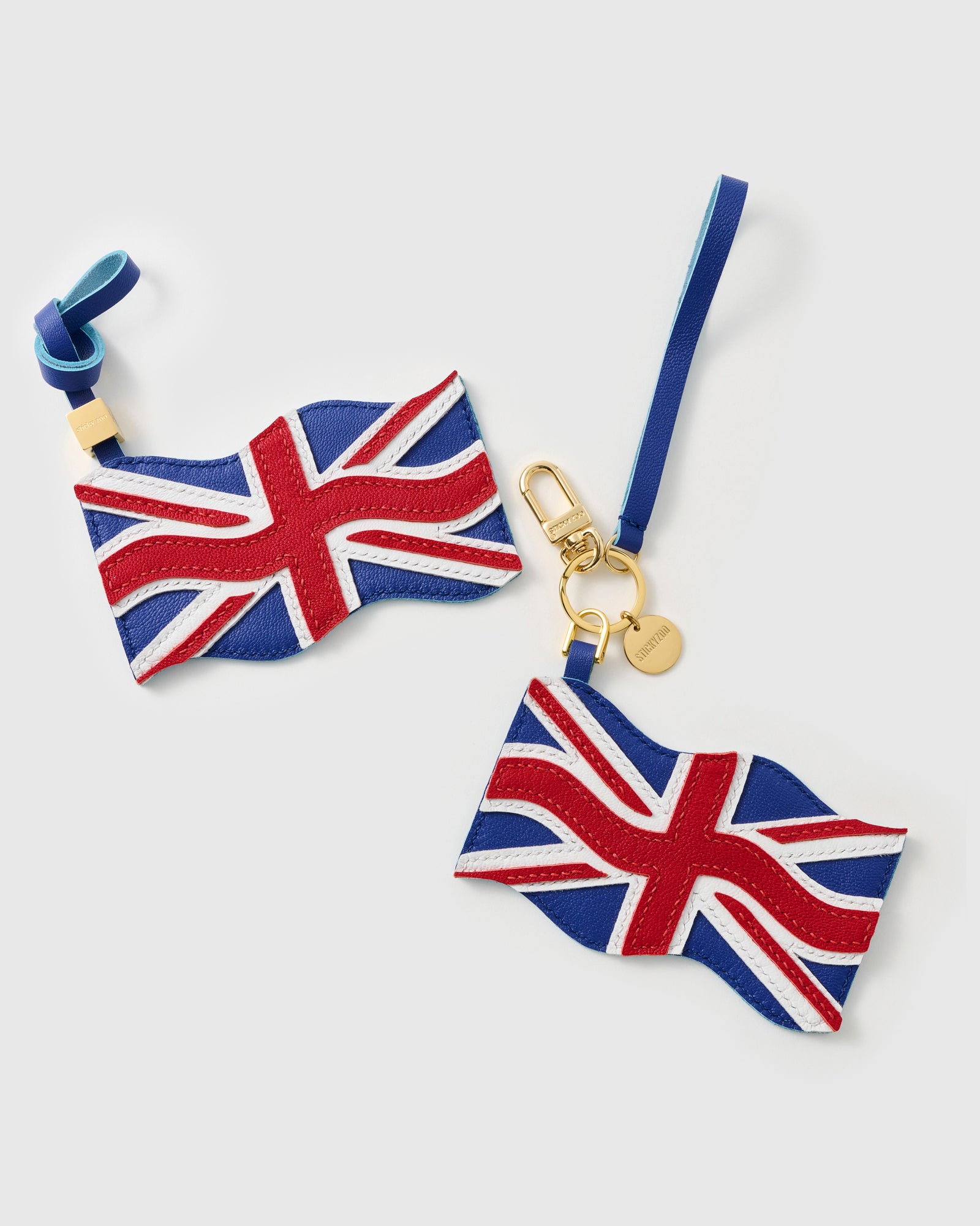 Handmade Union Jack leather charm on cream bag — waving British flag by STICKYZOO