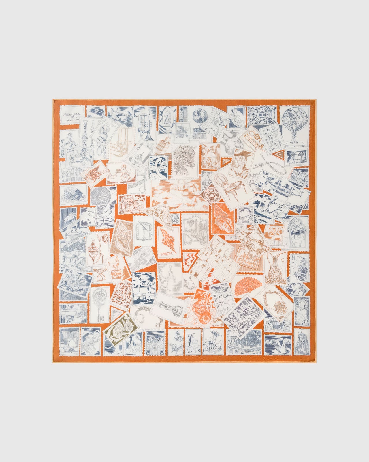 Philatelist silk scarf with hand-illustrated vintage stamp collage in slate blue and ochre on cream by STICKYZOO
