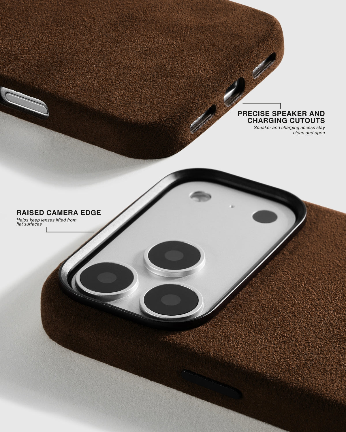 {{Precision port cutouts}} Close-up of speaker and charging cutouts with raised camera edge on STICKYZOO Espresso Alcantara case