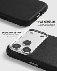 Precise speaker and charging cutouts and the raised metal camera edge on the black leather case