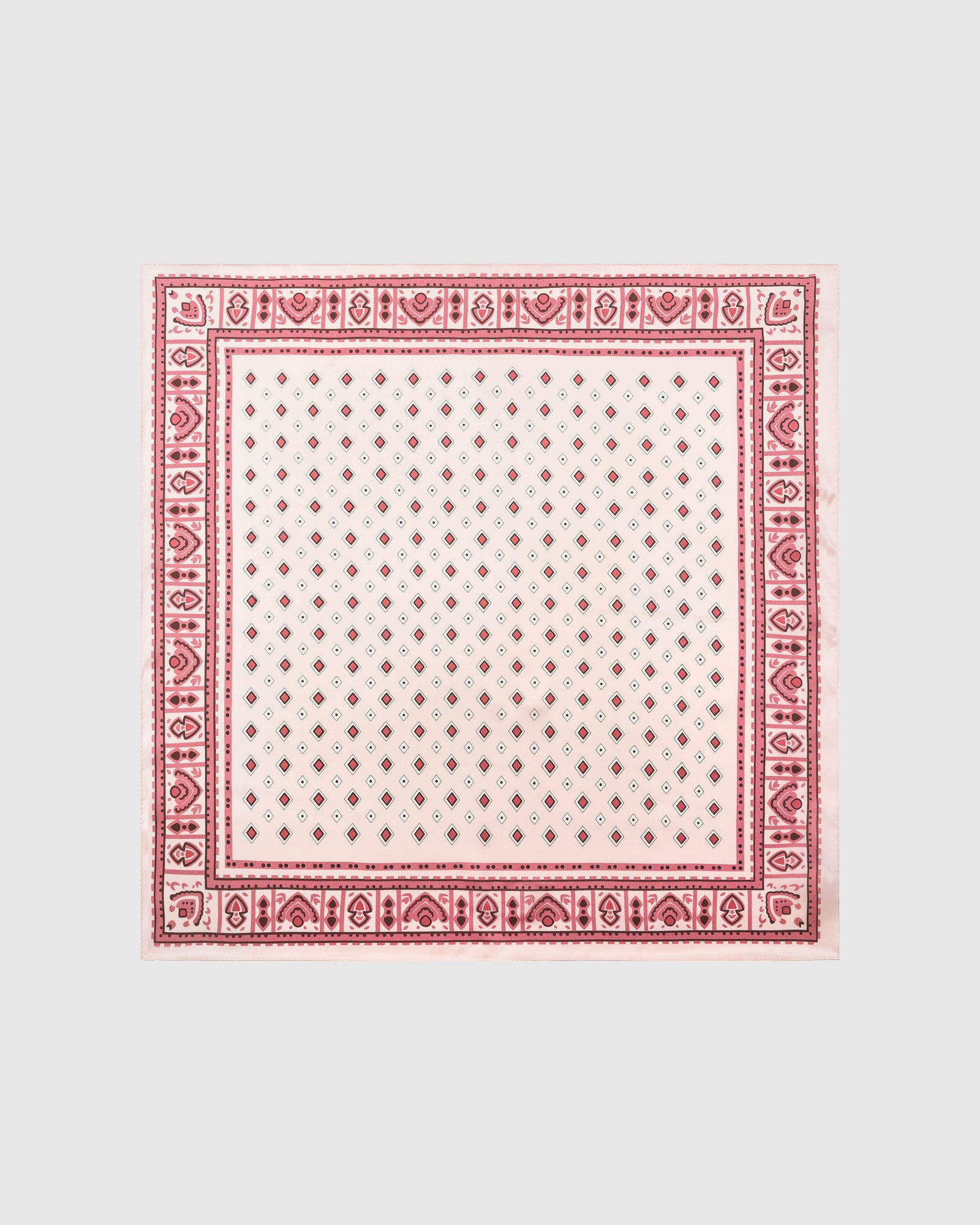 Rosewater tile silk scarf with raspberry diamonds on blush and dusty-pink tile border by STICKYZOO