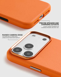 Precise speaker and charging cutouts and the raised metal camera edge on the orange leather case