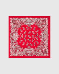 Crimson bandana silk scarf with hand-illustrated paisley border and red field by STICKYZOO