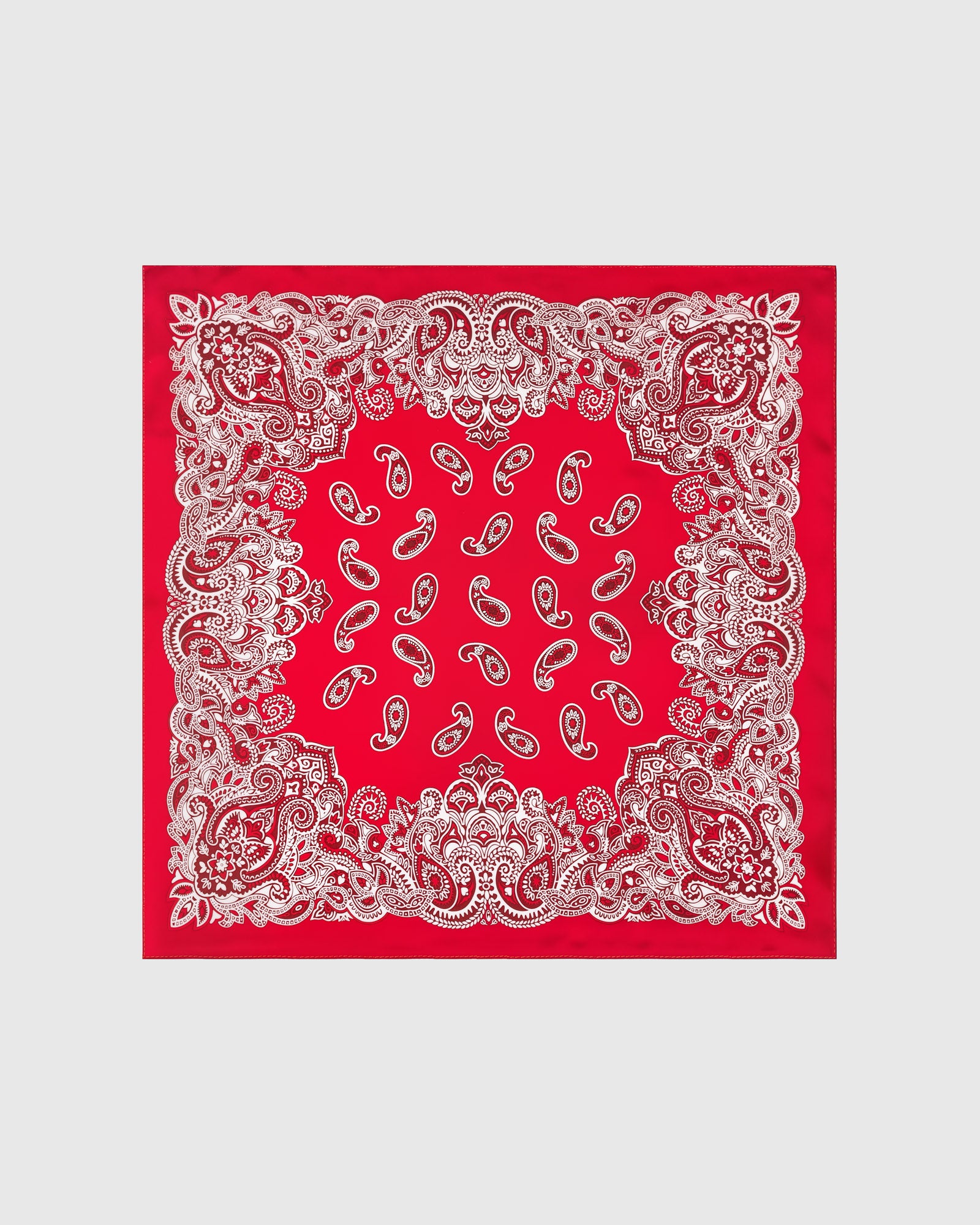 Crimson bandana silk scarf with hand-illustrated paisley border and red field by STICKYZOO