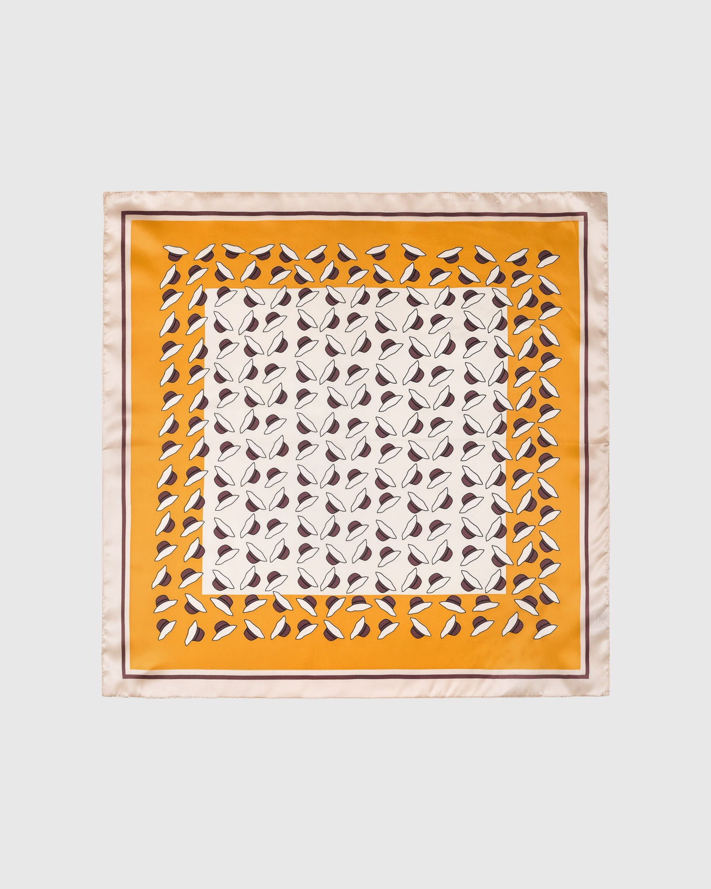 Saffron orchard silk scarf with hand-illustrated ivory and plum petals on a warm orange field by STICKYZOO