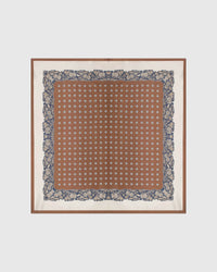 Chestnut baroque silk scarf with hand-illustrated foulard center and navy paisley border by STICKYZOO