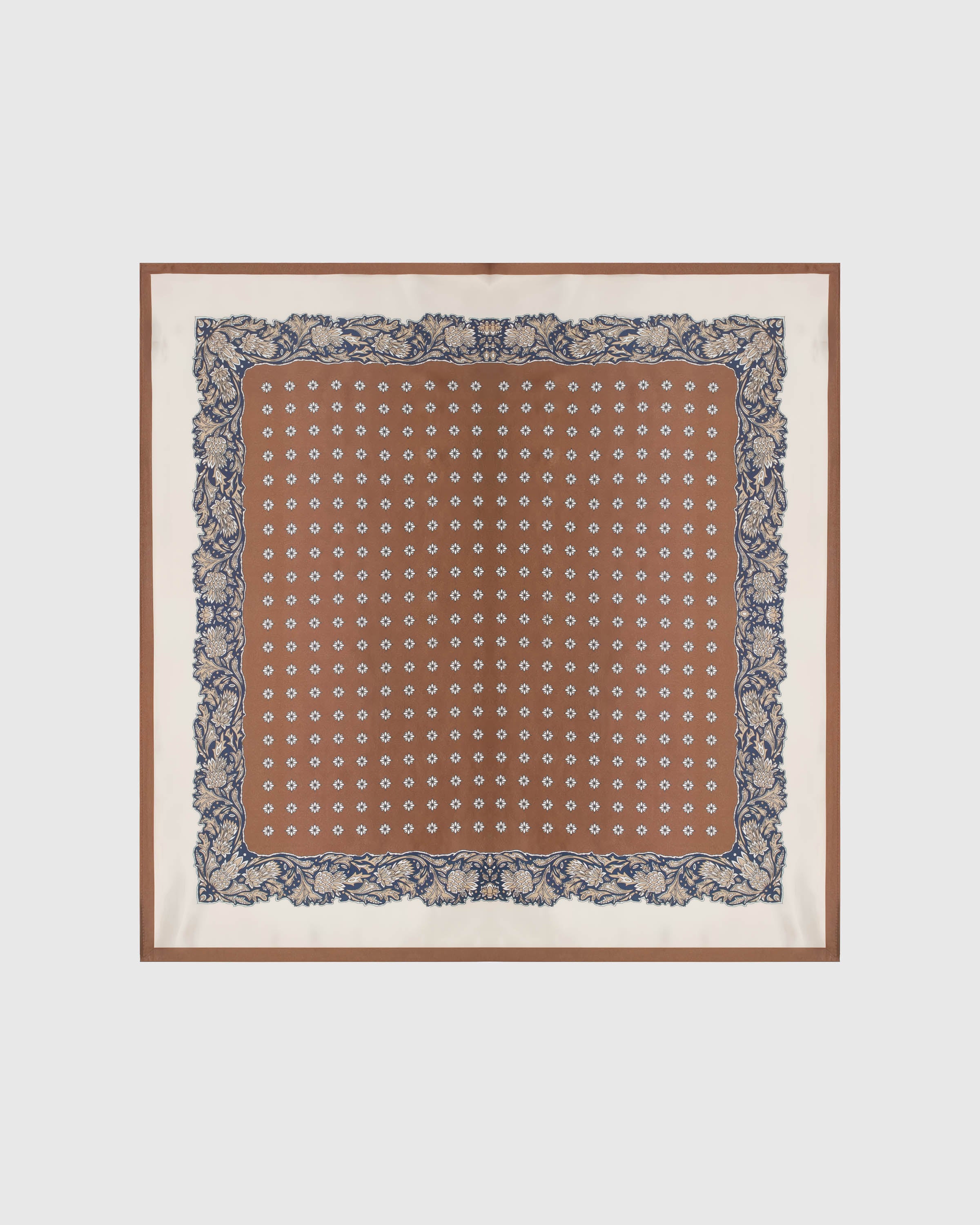Chestnut baroque silk scarf with hand-illustrated foulard center and navy paisley border by STICKYZOO