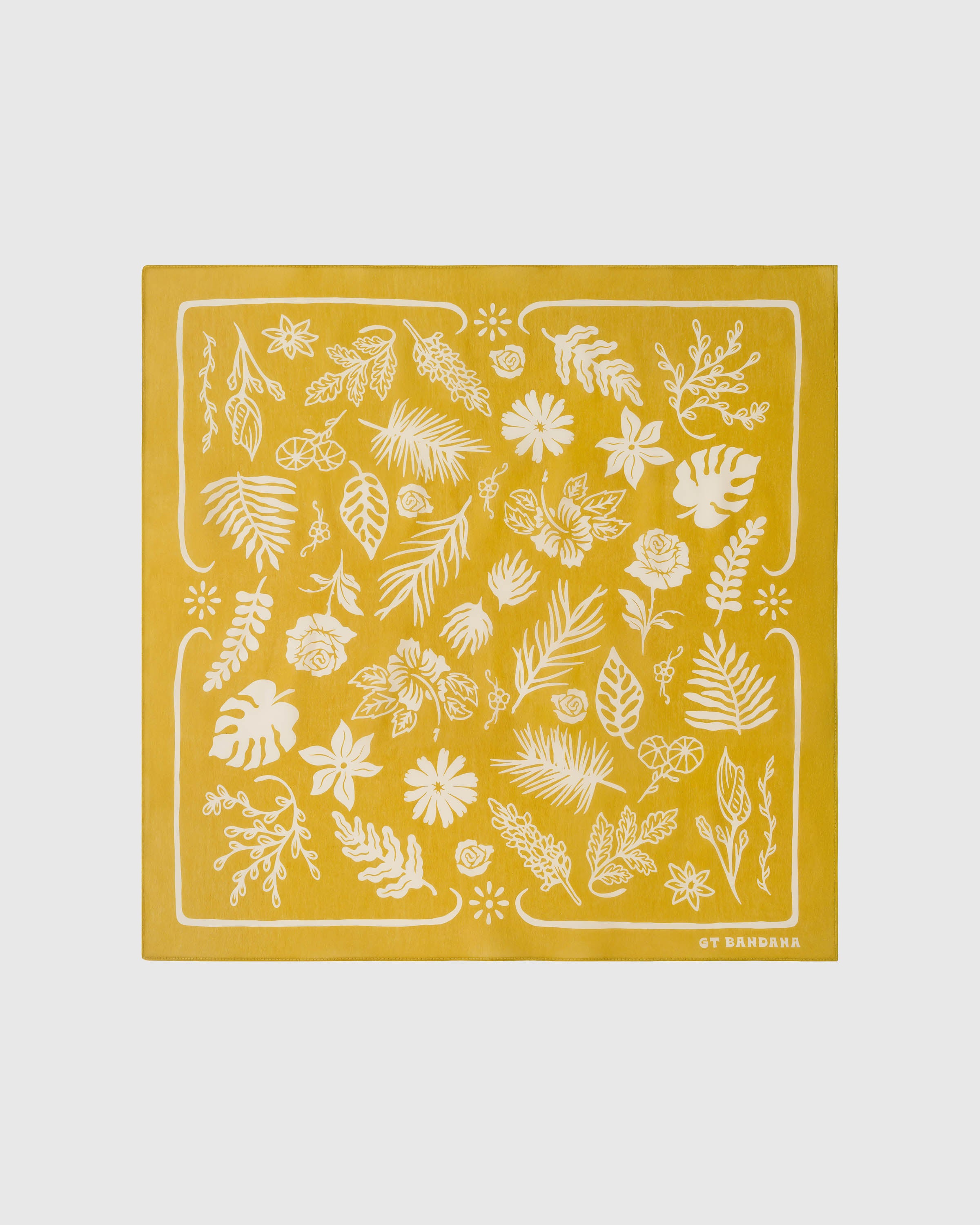 Mustard herbarium silk scarf with hand-illustrated ivory botanical silhouettes by STICKYZOO