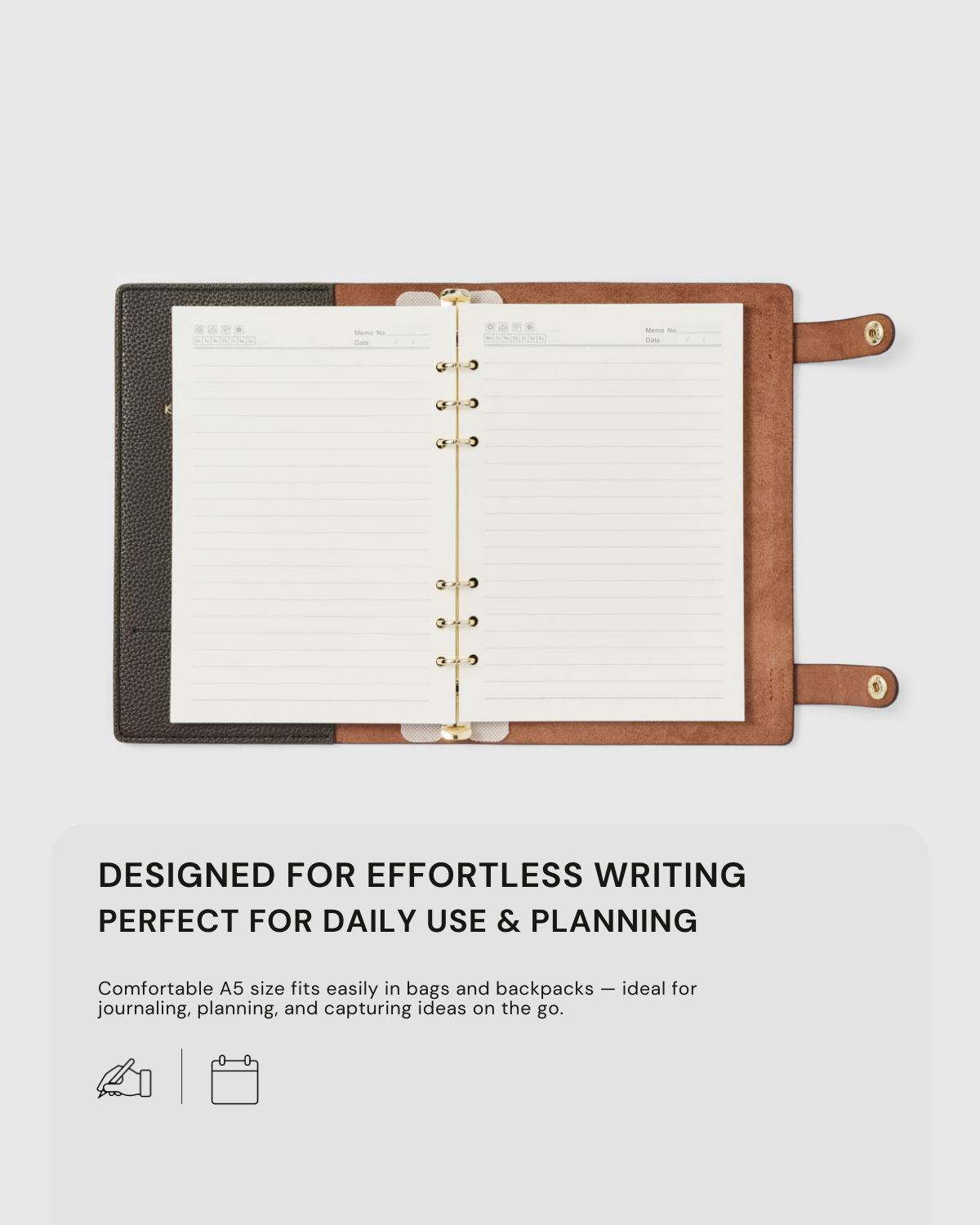 STICKYZOO A5 notebook open flat showing lined pages, designed for effortless writing, planning, and daily use