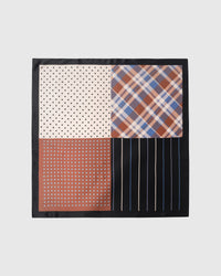 Patchwork study silk scarf with four hand-illustrated patterns and a black border by STICKYZOO