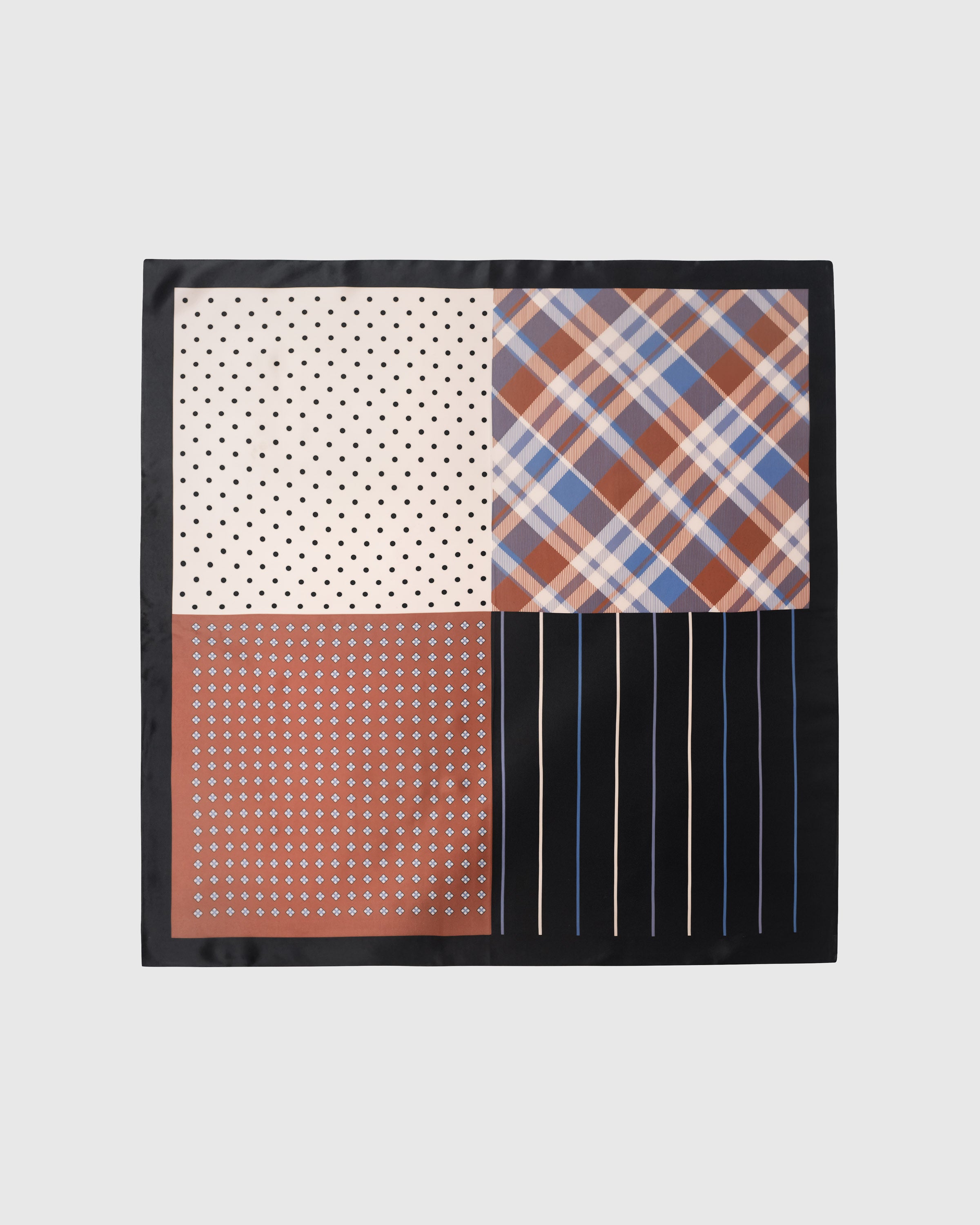Patchwork study silk scarf with four hand-illustrated patterns and a black border by STICKYZOO