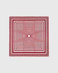 Crimson op-art silk scarf with hand-illustrated concentric squares and ivory checkered border by STICKYZOO