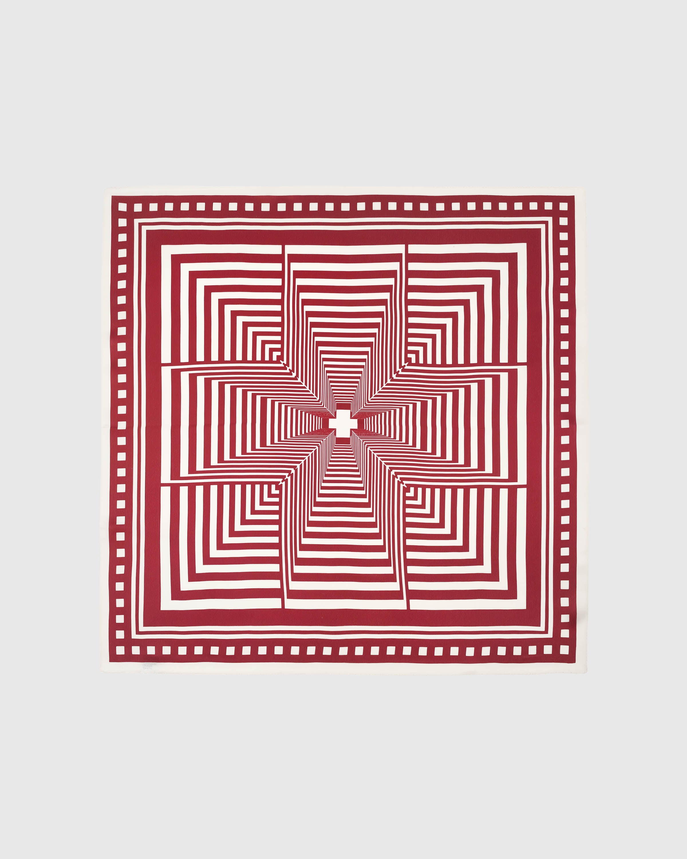 Crimson op-art silk scarf with hand-illustrated concentric squares and ivory checkered border by STICKYZOO