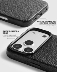 Close-up of textured leather phone case showing precise speaker and charging cutouts with raised camera edge protection. Pebbled leather grain detail visible. STICKYZOO designed in Amsterdam.
