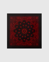 Midnight bandana silk scarf with hand-illustrated crimson paisley medallion on black by STICKYZOO
