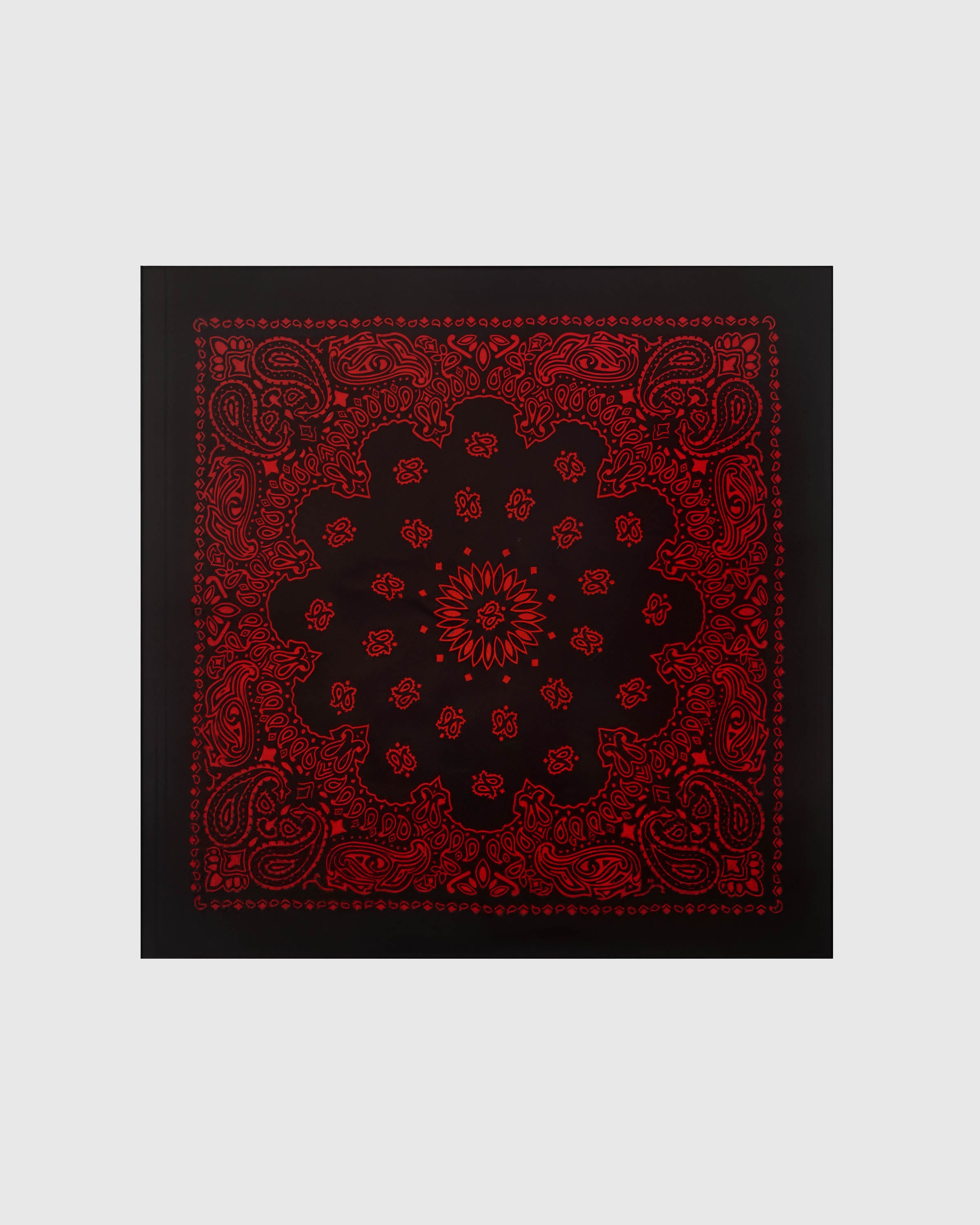 Midnight bandana silk scarf with hand-illustrated crimson paisley medallion on black by STICKYZOO