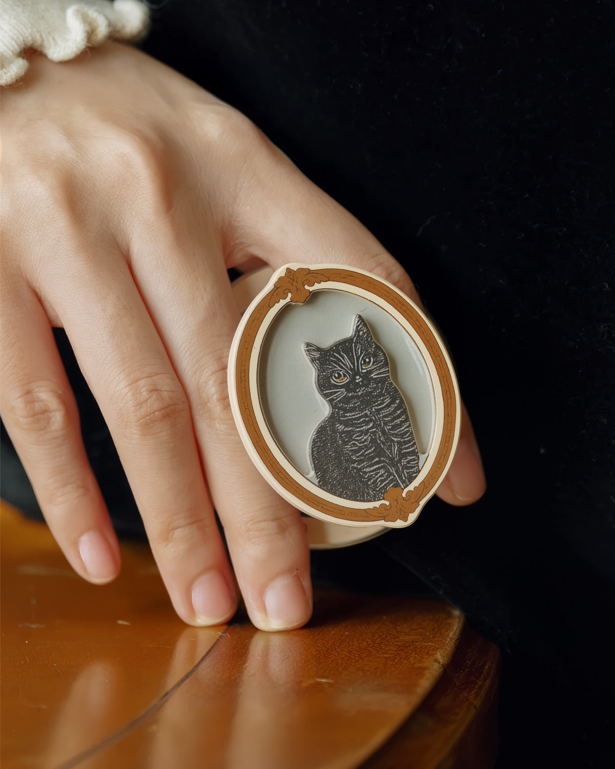 Close-up of the oval-frame grey tabby portrait embedded inside the acrylic-resin MagSafe grip