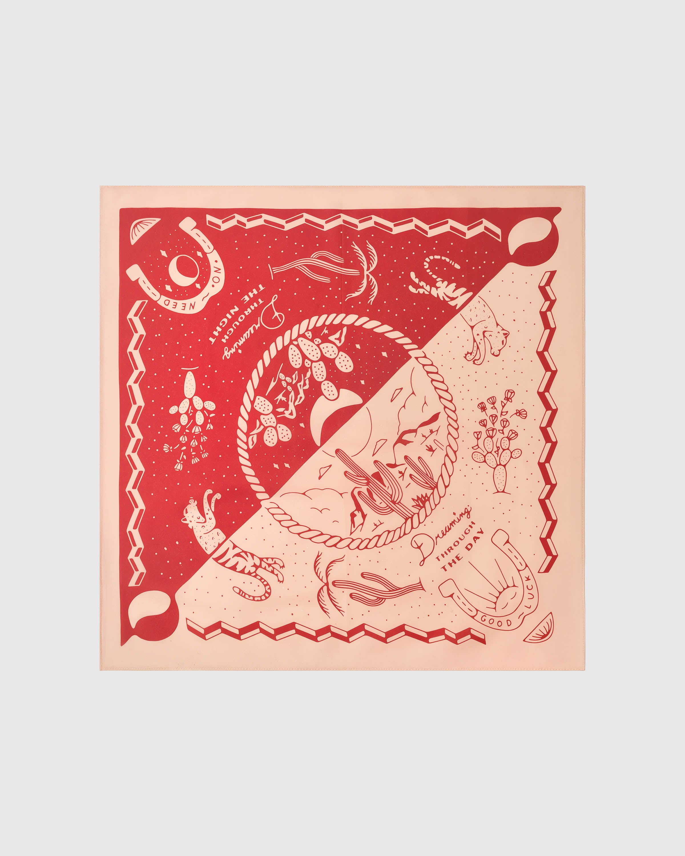 Desert reverie silk scarf with hand-illustrated red and peach Western day-and-night print by STICKYZOO