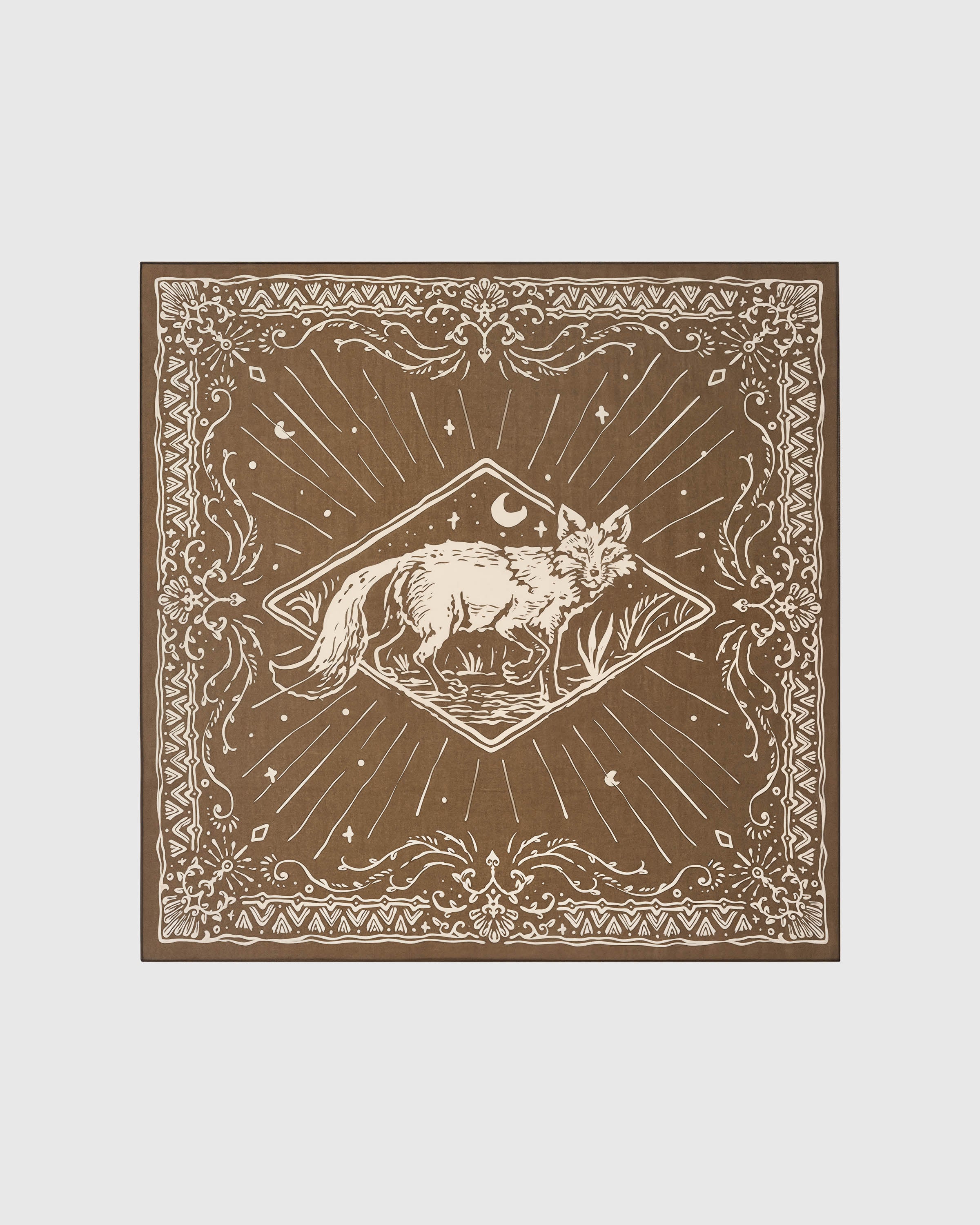 Moonlit fox silk scarf with hand-illustrated fox and crescent-moon motif on olive khaki by STICKYZOO